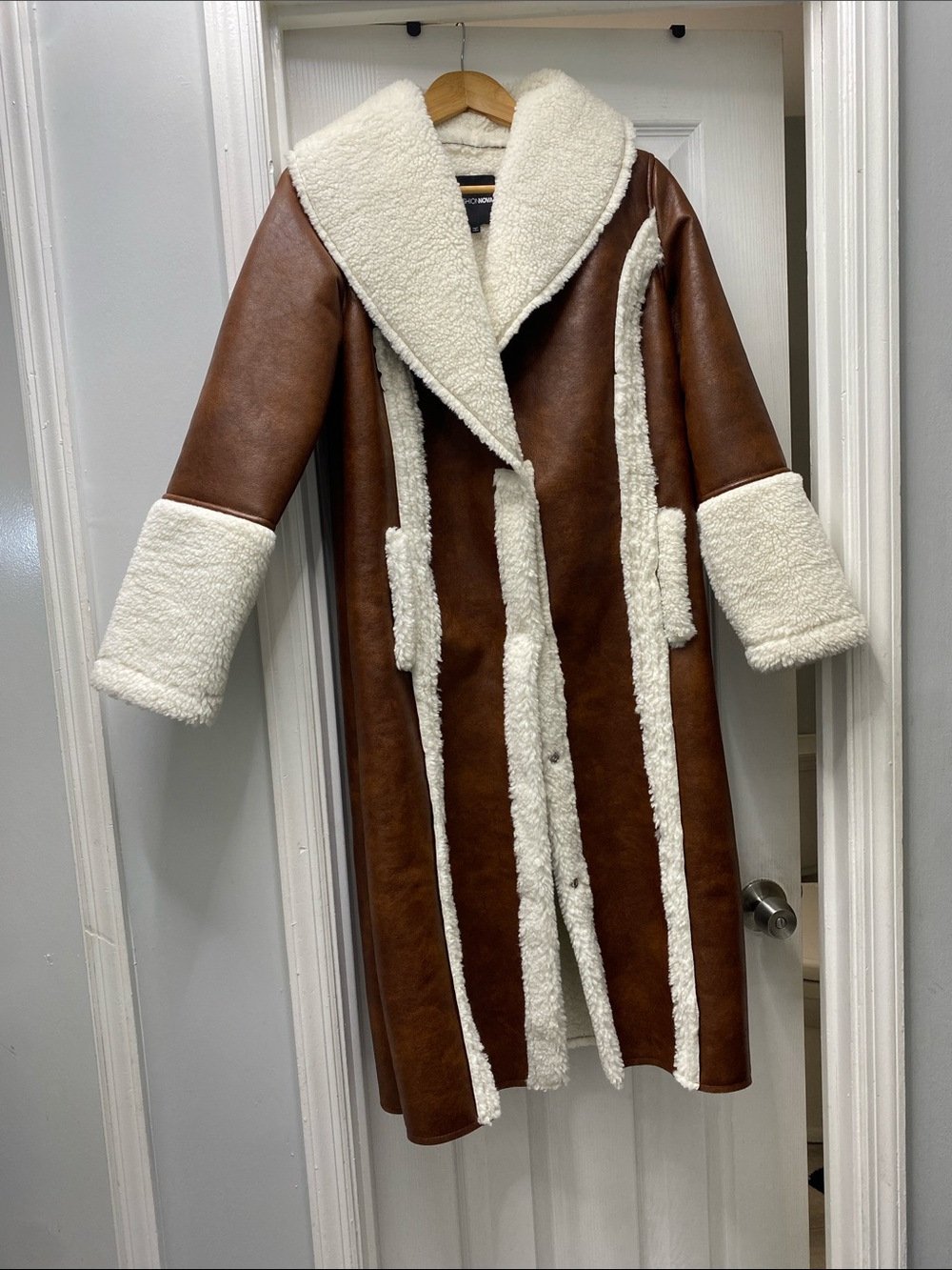 Fashion Nova Brown Faux-Leather Trench Coat with Cream Shearling Trim